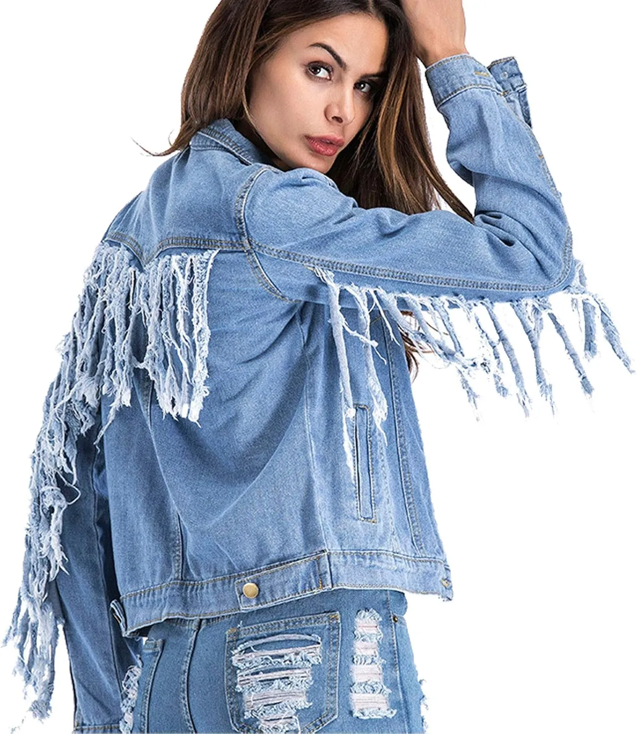 Flygo Women's Tassels Distressed Denim Jackets Jean Trucker Outwear