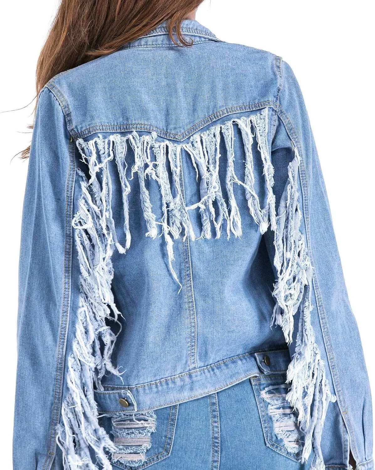 Flygo Women's Tassels Distressed Denim Jackets Jean Trucker Outwear