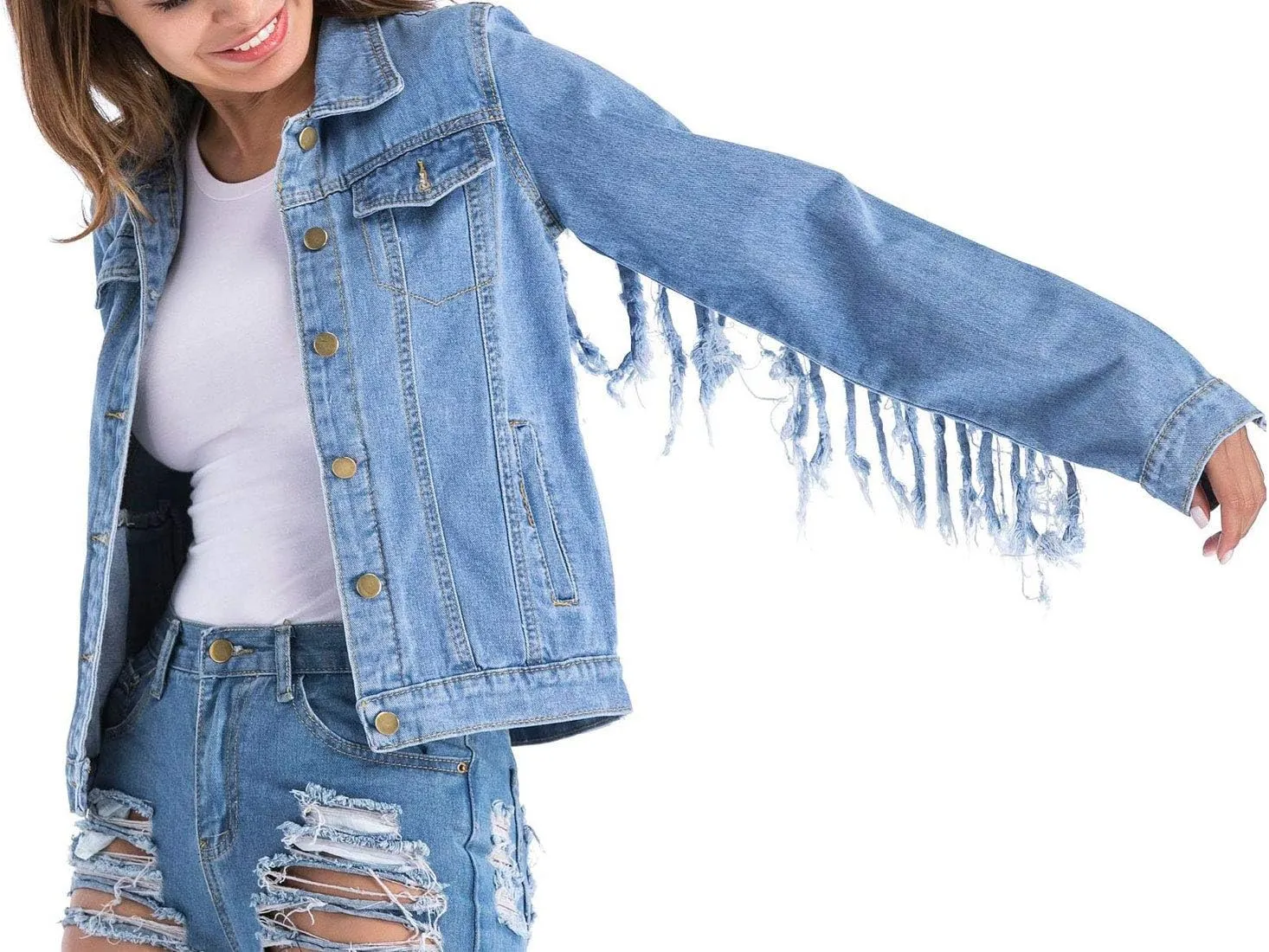 Flygo Women's Tassels Distressed Denim Jackets Jean Trucker Outwear
