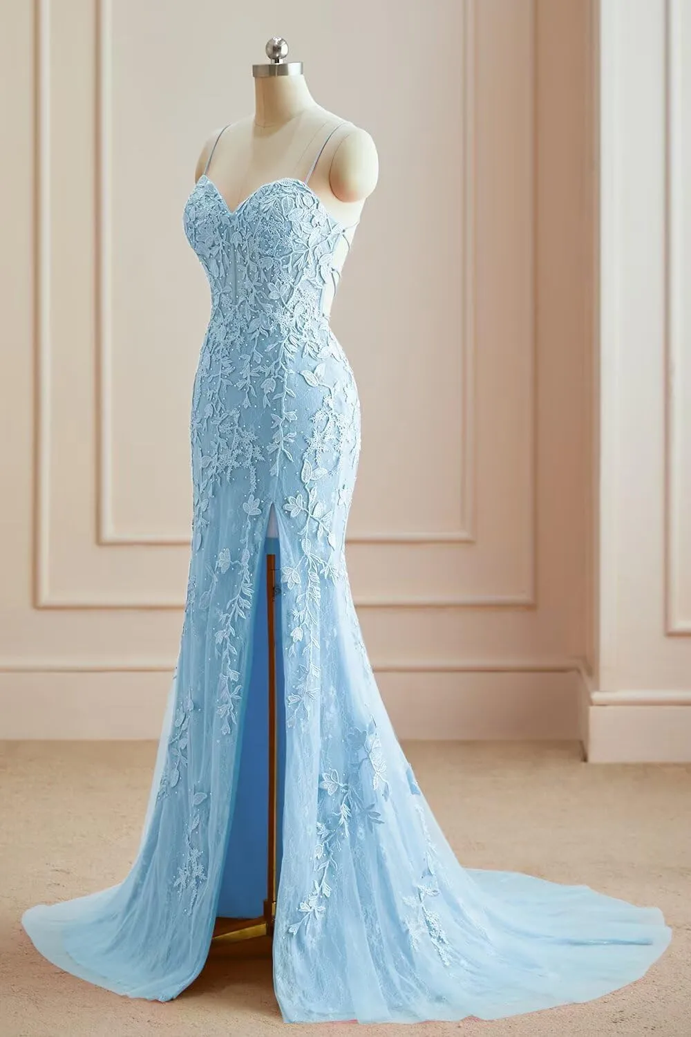 Fokissy Mermaid Prom Dresses with Slit 2025 Lace Applique Tulle Sweetheart Formal Evening Gown
