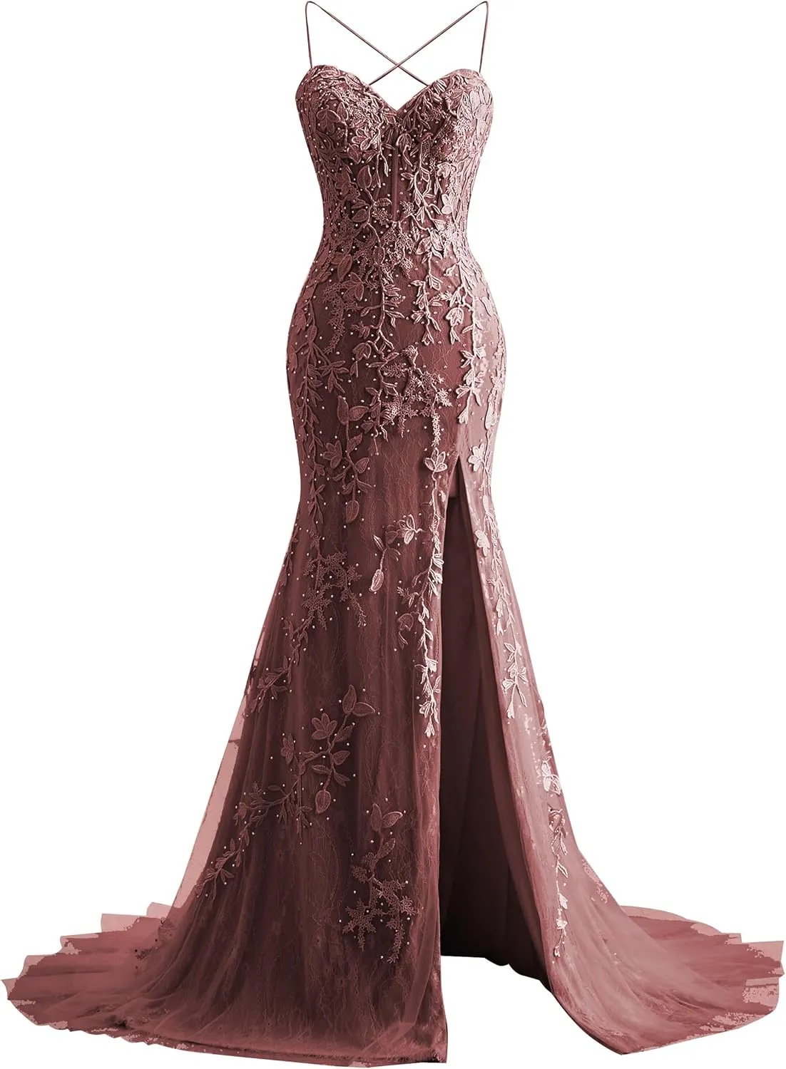 Fokissy Mermaid Prom Dresses with Slit 2025 Lace Applique Tulle Sweetheart Formal Evening Gown