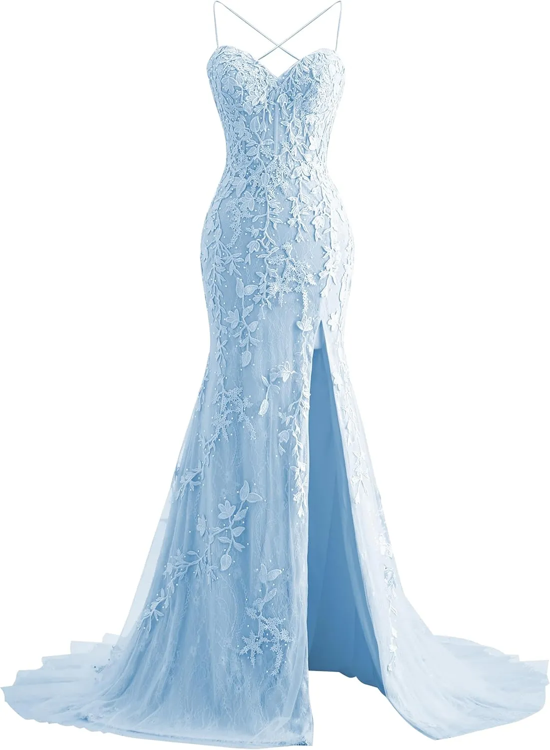 Fokissy Mermaid Prom Dresses with Slit 2025 Lace Applique Tulle Sweetheart Formal Evening Gown