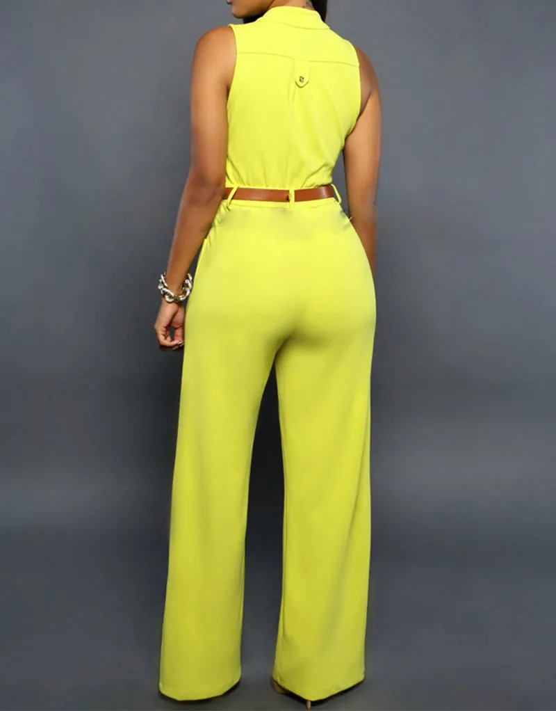 Formal Jumpsuit Wide Leg Pant Women Office Solid Color Sleeveless Belt Shirt Jumpsuit Basic V Neck Single Breasted Jumpsuit