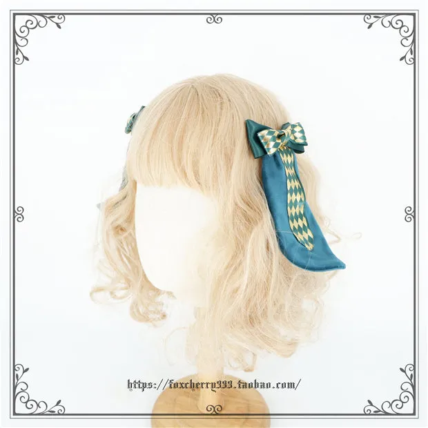 Fox Cherry~Green Lattice Rabbit Ear Bow Lolita Hat Headdress