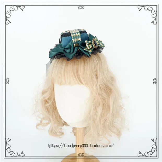 Fox Cherry~Green Lattice Rabbit Ear Bow Lolita Hat Headdress