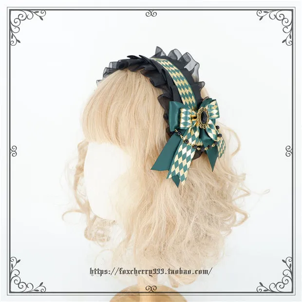 Fox Cherry~Green Lattice Rabbit Ear Bow Lolita Hat Headdress