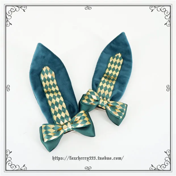 Fox Cherry~Green Lattice Rabbit Ear Bow Lolita Hat Headdress