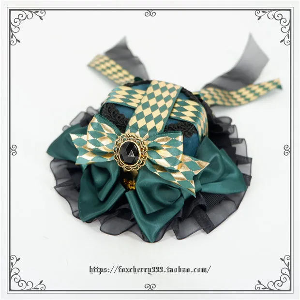 Fox Cherry~Green Lattice Rabbit Ear Bow Lolita Hat Headdress