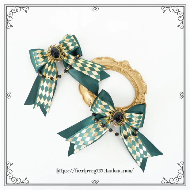Fox Cherry~Green Lattice Rabbit Ear Bow Lolita Hat Headdress