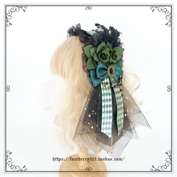 Fox Cherry~Green Lattice Rabbit Ear Bow Lolita Hat Headdress