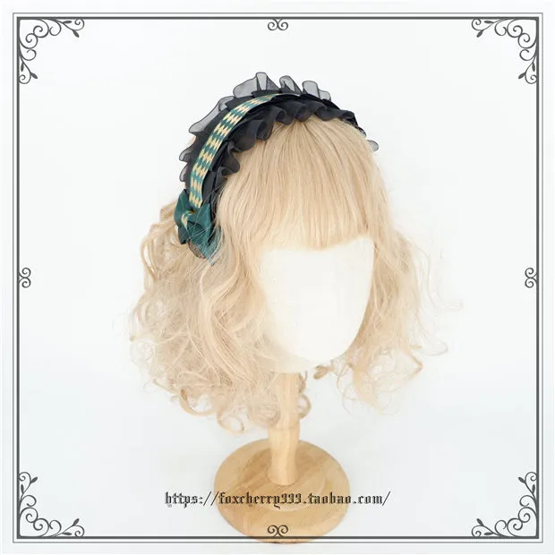 Fox Cherry~Green Lattice Rabbit Ear Bow Lolita Hat Headdress