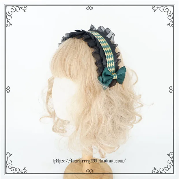 Fox Cherry~Green Lattice Rabbit Ear Bow Lolita Hat Headdress