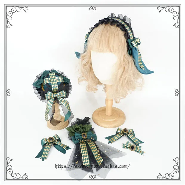 Fox Cherry~Green Lattice Rabbit Ear Bow Lolita Hat Headdress