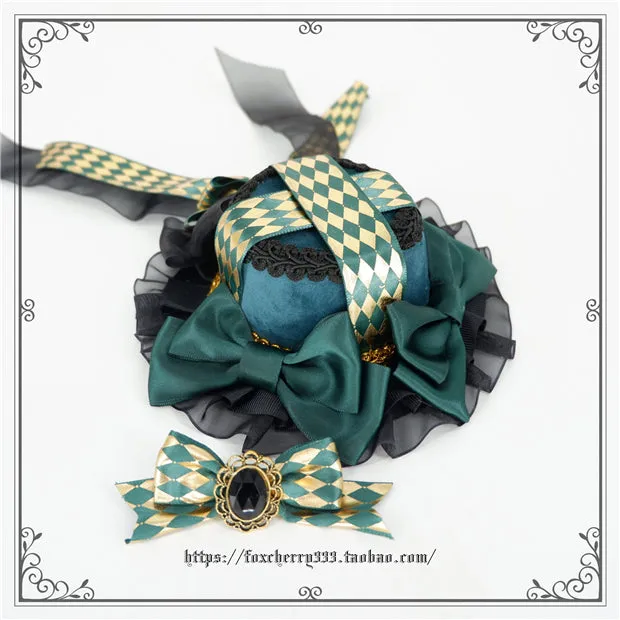 Fox Cherry~Green Lattice Rabbit Ear Bow Lolita Hat Headdress