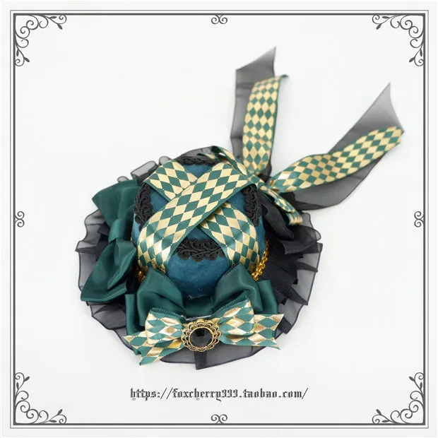 Fox Cherry~Green Lattice Rabbit Ear Bow Lolita Hat Headdress