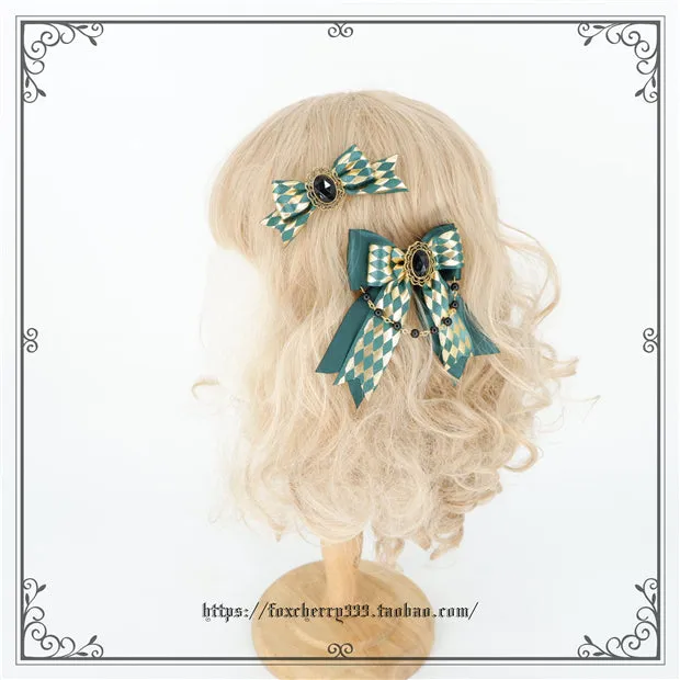 Fox Cherry~Green Lattice Rabbit Ear Bow Lolita Hat Headdress