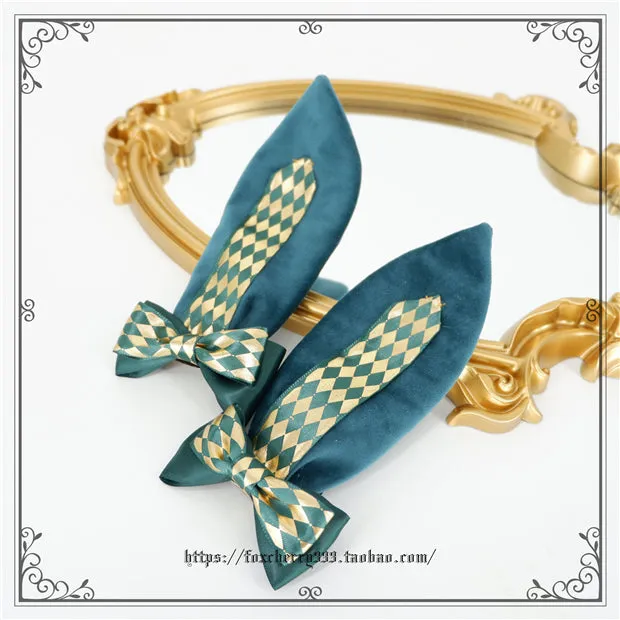 Fox Cherry~Green Lattice Rabbit Ear Bow Lolita Hat Headdress