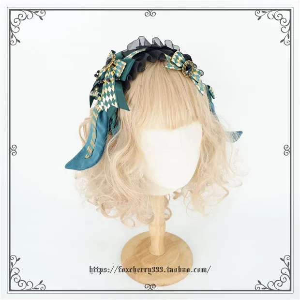 Fox Cherry~Green Lattice Rabbit Ear Bow Lolita Hat Headdress
