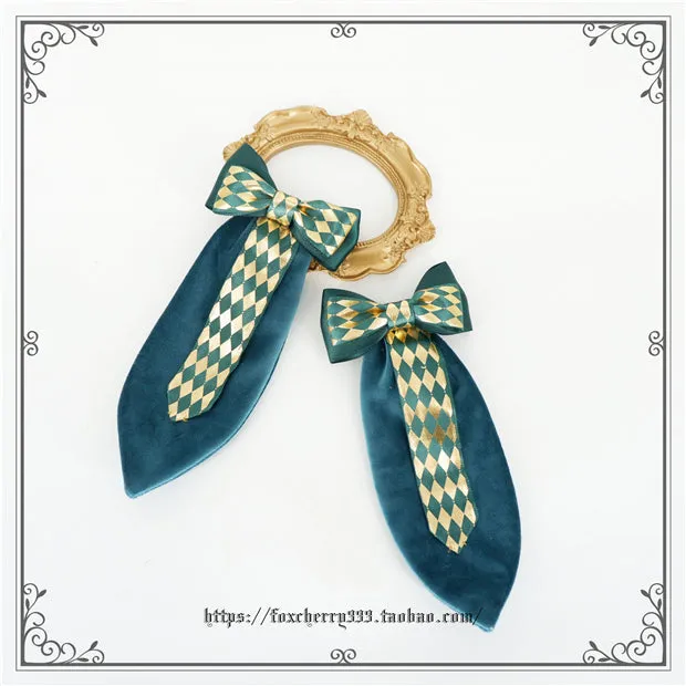 Fox Cherry~Green Lattice Rabbit Ear Bow Lolita Hat Headdress