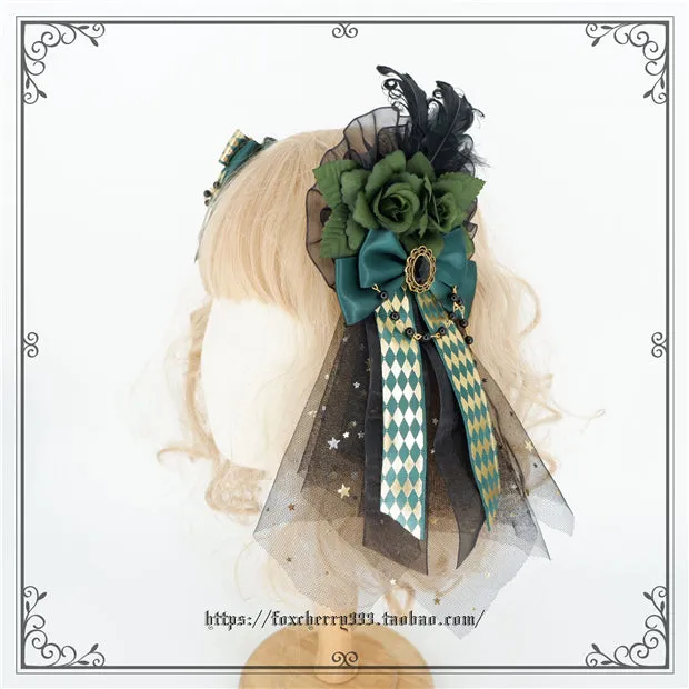 Fox Cherry~Green Lattice Rabbit Ear Bow Lolita Hat Headdress