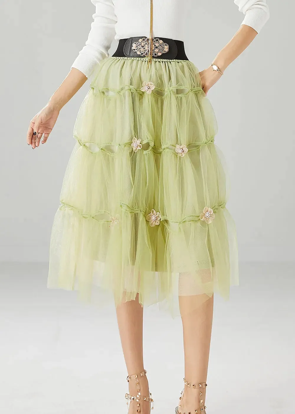 French Grass Green Floral Tulle Skirt Summer ML0472