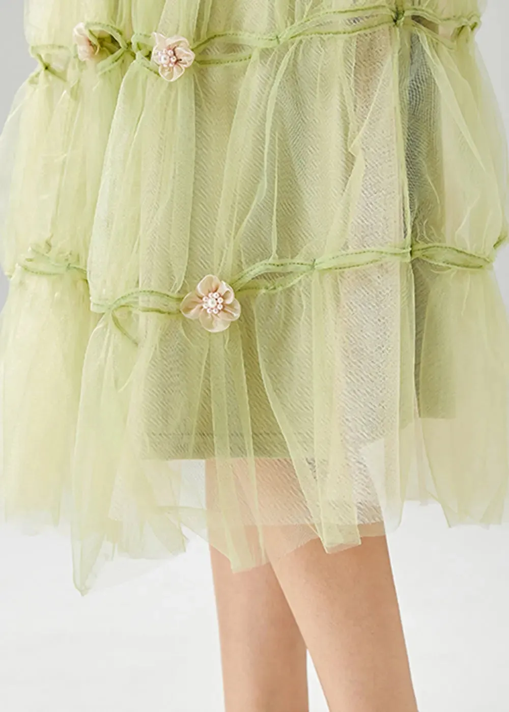 French Grass Green Floral Tulle Skirt Summer ML0472