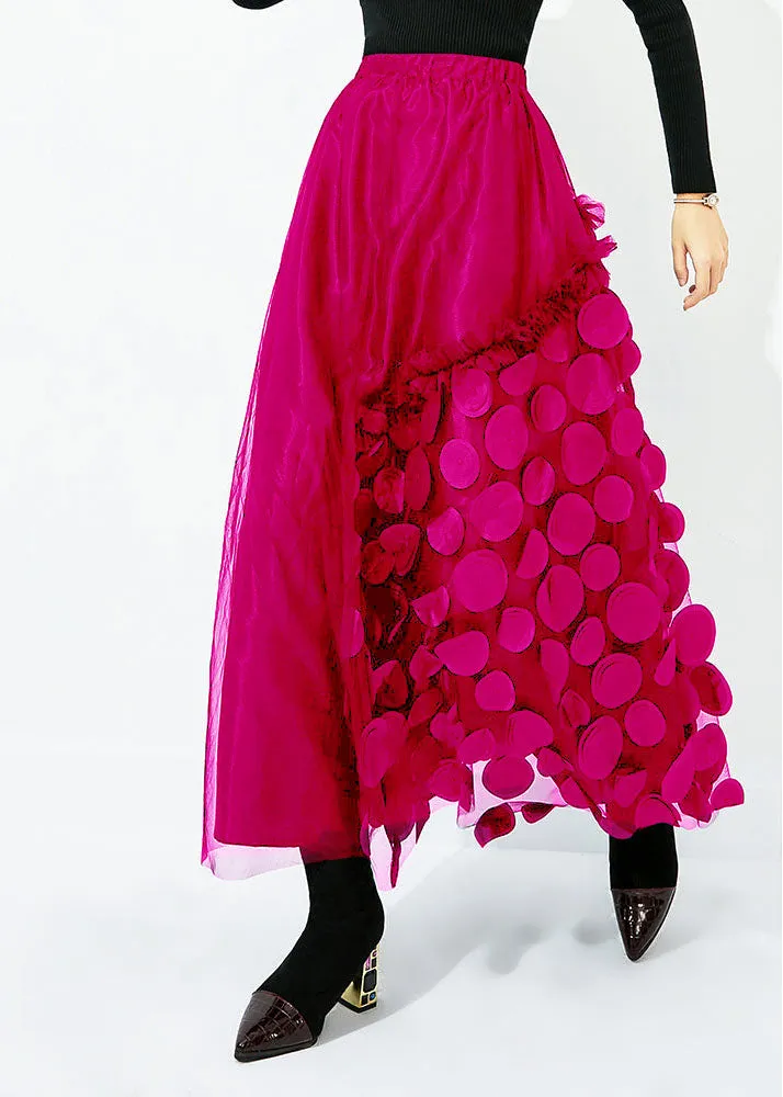 French Rose Elastic Waist Patchwork Dot Tulle Vacation Skirts Spring LY0860