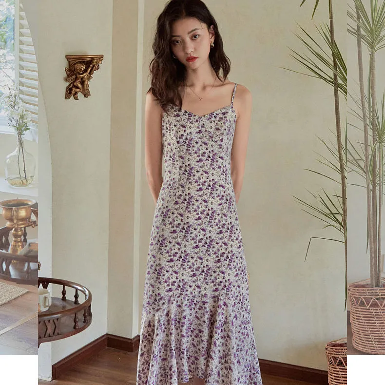 French Vintage Floral Dress Women Summer Korean Petite Sleeveless Mid-Length Slip Dress