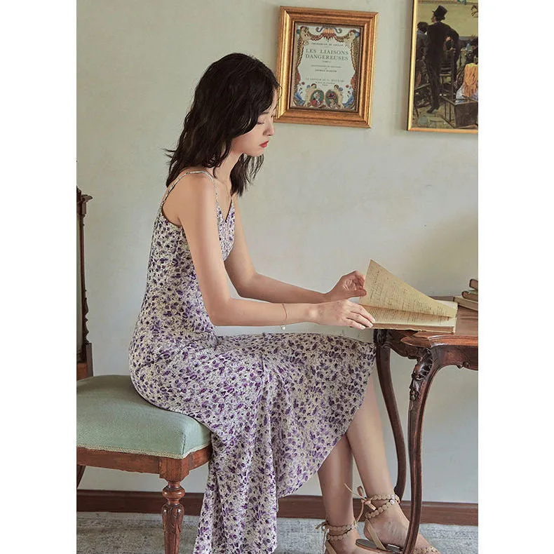 French Vintage Floral Dress Women Summer Korean Petite Sleeveless Mid-Length Slip Dress
