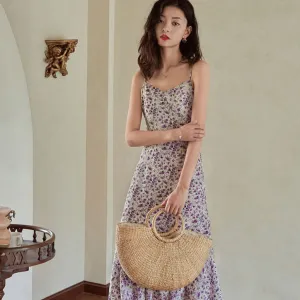 French Vintage Floral Dress Women Summer Korean Petite Sleeveless Mid-Length Slip Dress