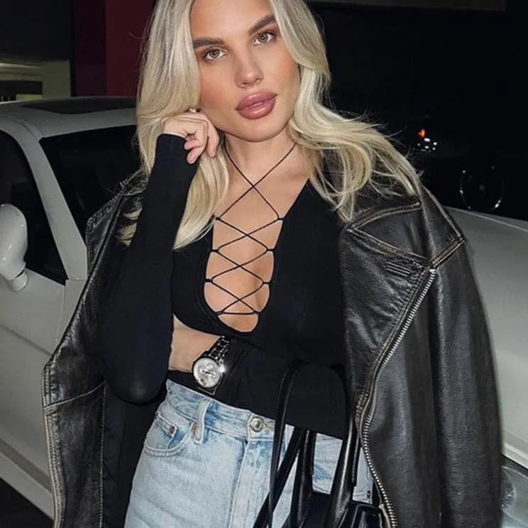 Front Lace Up Slim Bodysuits
