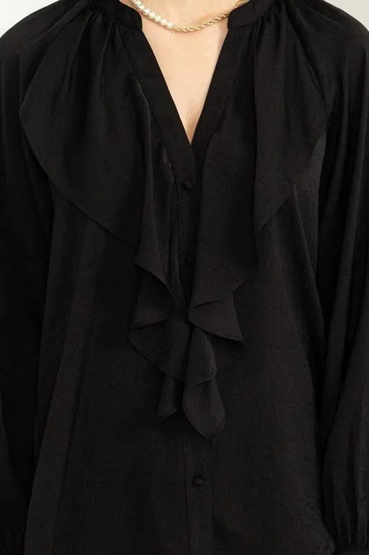 Front ruffle long sleeve blouse