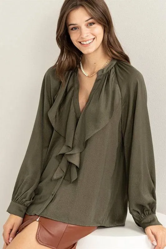Front ruffle long sleeve blouse