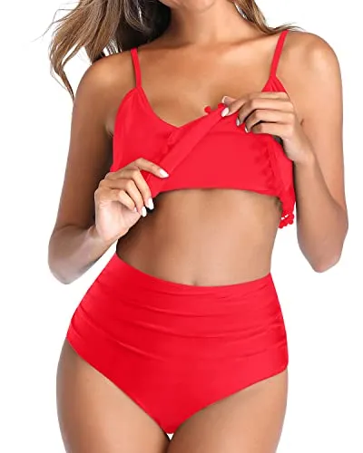 Full Coverage Tummy Control Two Piece Bikini Swimsuit-Neon Red