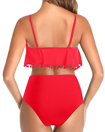 Full Coverage Tummy Control Two Piece Bikini Swimsuit-Neon Red
