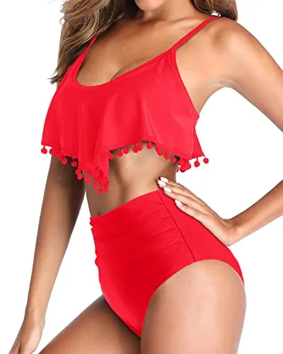 Full Coverage Tummy Control Two Piece Bikini Swimsuit-Neon Red
