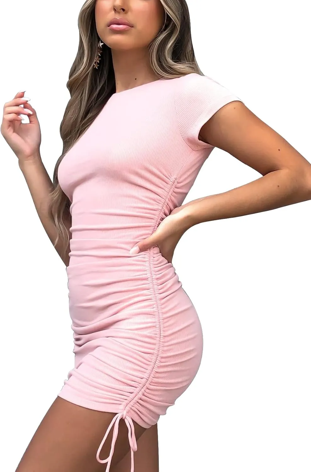 FV RELAY Casual Short Sleeve Summer Dress for Women Crew Neck Stretchy Ruched Bodycon Dresses Sexy Ribbed Club Mini Dress