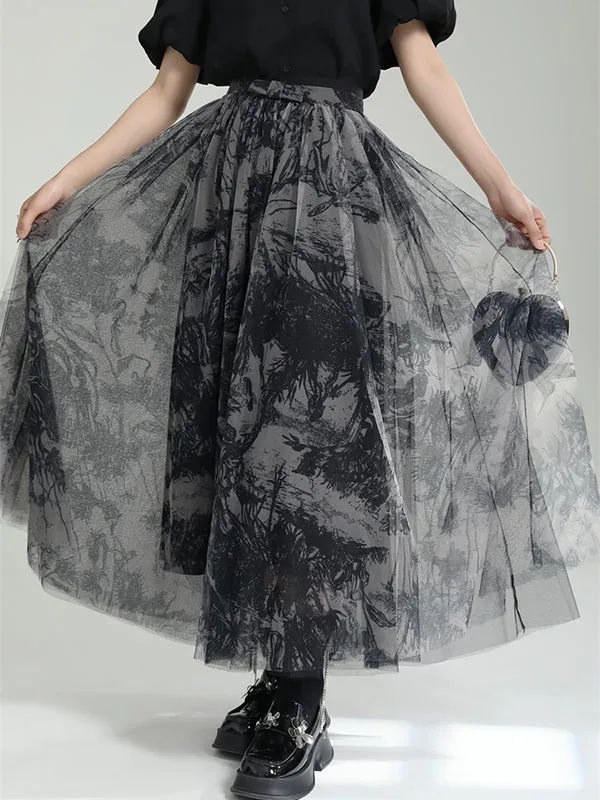 Gauze Pleated Printed Split-Joint A-Line Loose Skirts