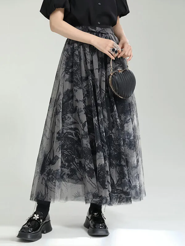 Gauze Pleated Printed Split-Joint A-Line Loose Skirts