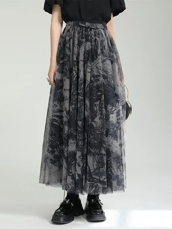 Gauze Pleated Printed Split-Joint A-Line Loose Skirts