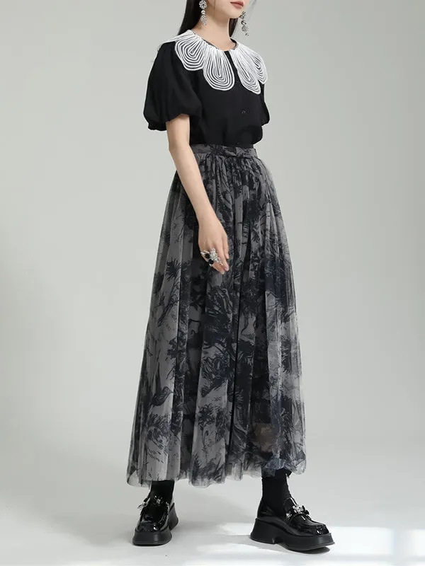 Gauze Pleated Printed Split-Joint A-Line Loose Skirts