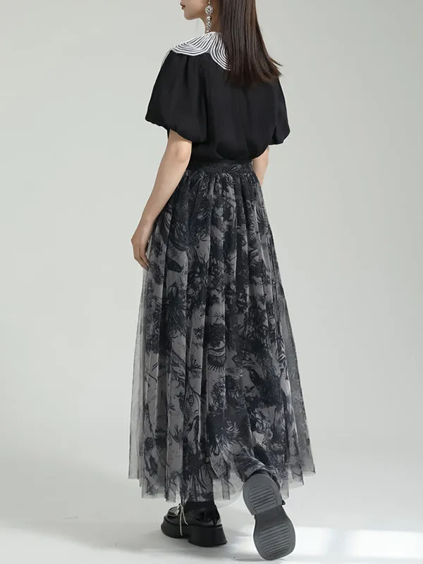 Gauze Pleated Printed Split-Joint A-Line Loose Skirts