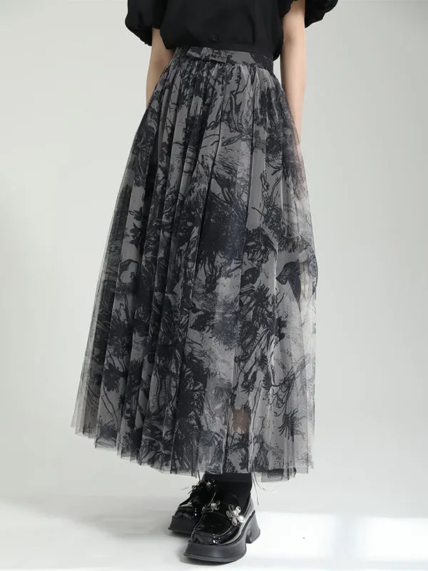 Gauze Pleated Printed Split-Joint A-Line Loose Skirts