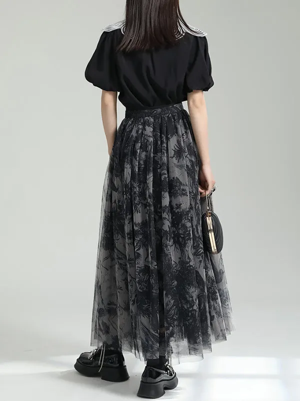 Gauze Pleated Printed Split-Joint A-Line Loose Skirts