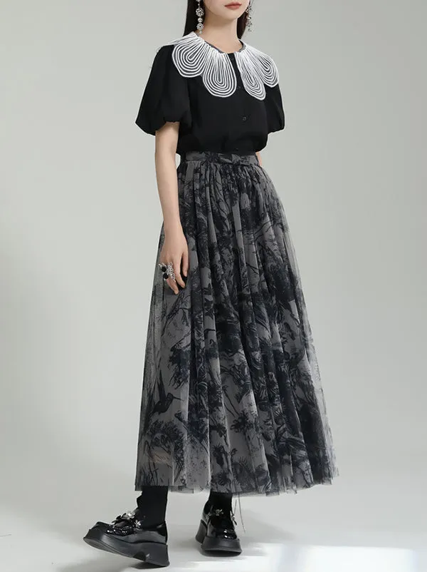 Gauze Pleated Printed Split-Joint A-Line Loose Skirts