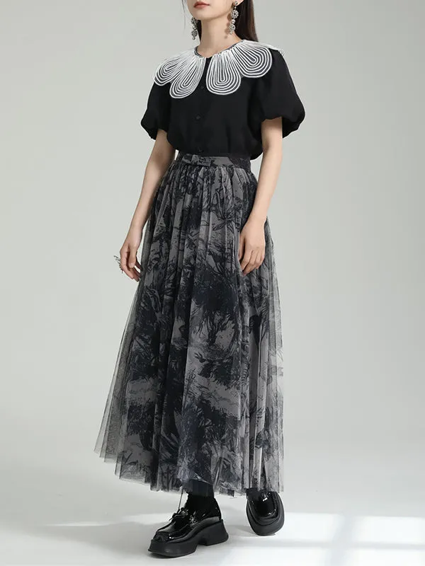 Gauze Pleated Printed Split-Joint A-Line Loose Skirts