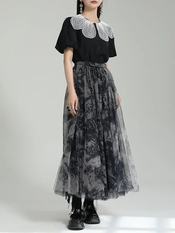 Gauze Pleated Printed Split-Joint A-Line Loose Skirts
