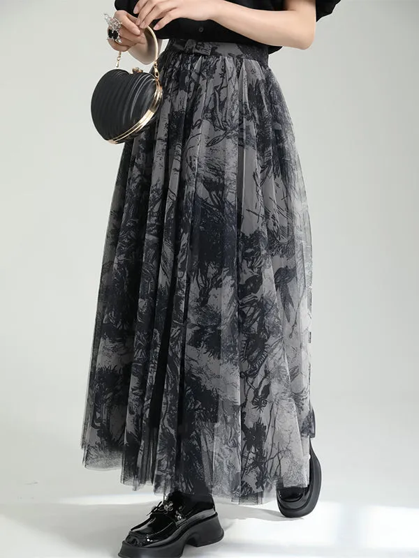 Gauze Pleated Printed Split-Joint A-Line Loose Skirts