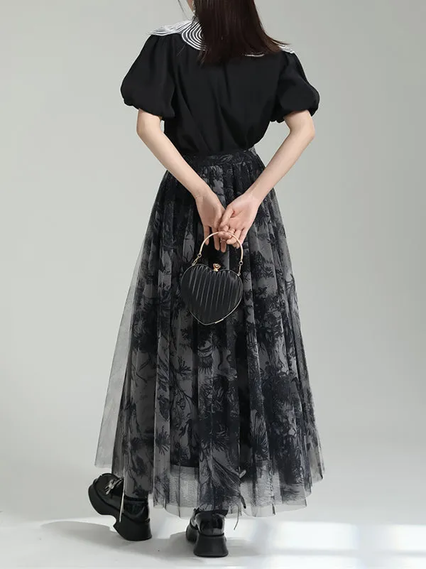 Gauze Pleated Printed Split-Joint A-Line Loose Skirts