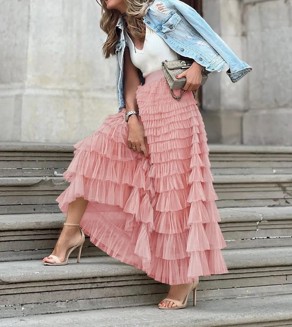 Generic KELYWELL Long Maxi Tiered Tulle Skirts for Women's High Waisted A-Line Layered Mesh Tutu Skirt Sweet Ruffle Petticoat